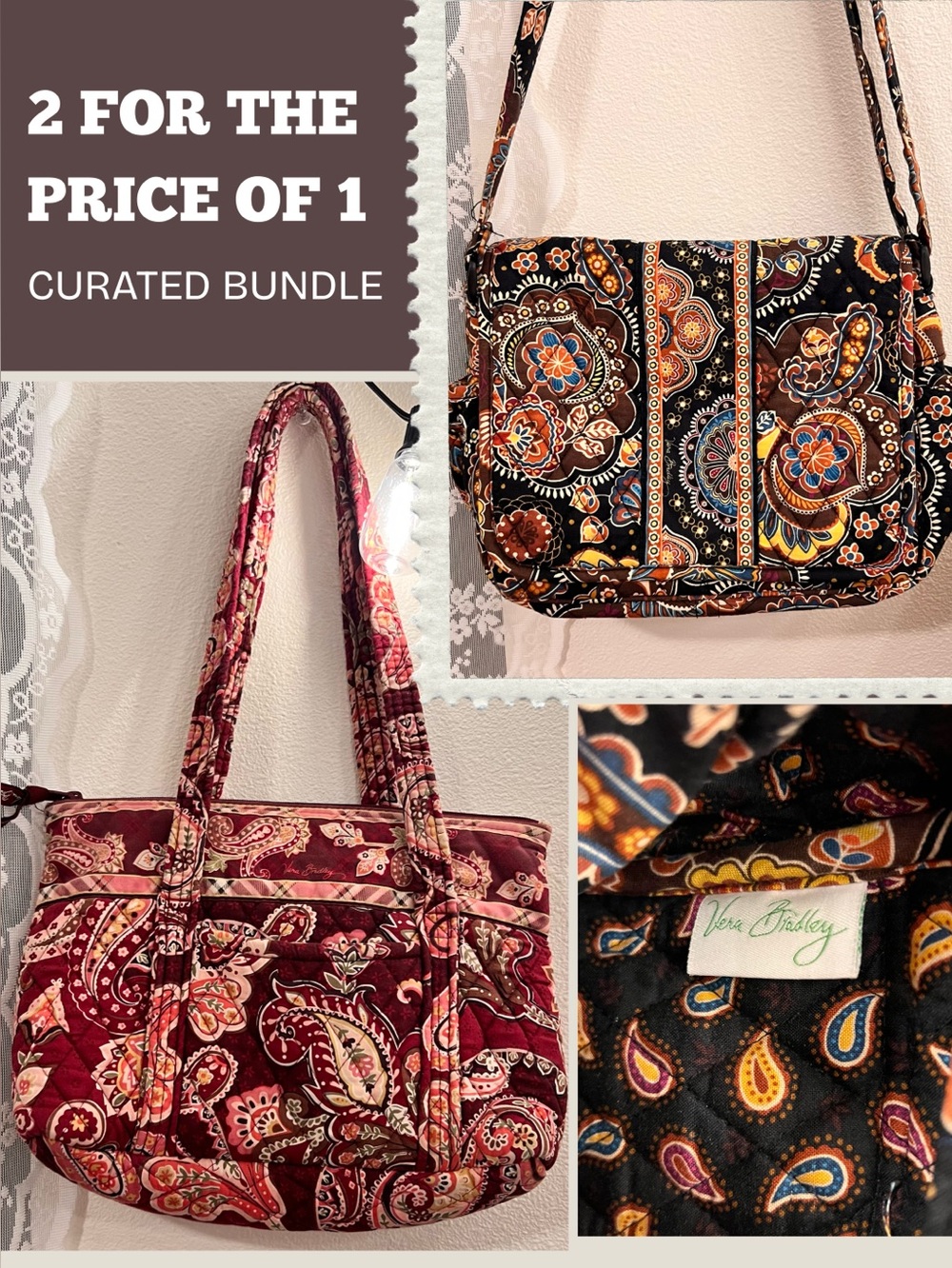 Vera Bradley Vintage Paisley Fall Bag Bundle–Retired Java Blue & Piccadilly Plum